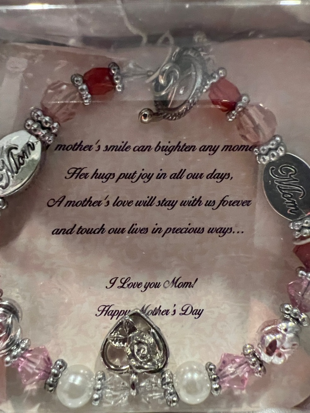 Pink and Silver Tone Beaded Mom Charm Bracelet NIB - Picture 3 of 5